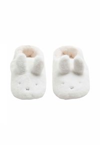 Zapatillas de felpa blancas con diseño de conejito, con orejas redondeadas, textura suave y detalles faciales bordados. Estilo acogedor y fácil de poner, ideal para uso interior.