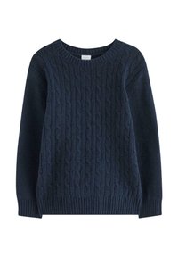 Granatowy sweter dzianinowy z wzorem w warkocze, okrągłym dekoltem, ściągaczami przy rękawach i hemie, wykonany z miękkiego, teksturowanego materiału.