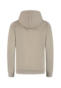 Beige lange mouwen hoodie met ribbels aan de manchetten en zoom, weergegeven van achteren op een witte achtergrond.