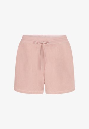 Różowe szorty z polaru z elastycznym paskiem w talii, z możliwością regulacji sznurkiem i miękką, teksturowaną powierzchnią. Długość do połowy uda, o luźnym kroju.