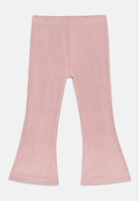 Rózsaszín, lágy anyagból készült harangszárú leggings. Simaság jellemzi, és a felső része szoros, alul pedig szélesedik, tiszta szegéllyel.