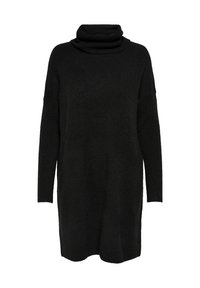 Vestito a maglione nero con colletto a imbuto e maniche lunghe, realizzato in un tessuto a maglia testurizzato. Il design presenta una vestibilità morbida e arriva sopra le ginocchia.