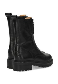 Zwarte leren enkellaarzen met een gladde afwerking, ritssluiting, ronde neuzen en textuur rubberen zolen; heeft een merkaccent op de achterkant.