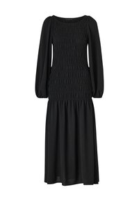 Schwarzes Langarmkleid mit gerafftem Oberteil, quadratischem Ausschnitt und fließendem Rock. Der Stoff hat eine weiche Textur mit minimalem Glanz.