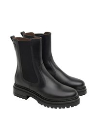 Stivali Chelsea in pelle nera con pannelli elasticizzati ai lati, punta rotonda e suola spessa. Texture liscia con dettagli di cucitura lungo i bordi.