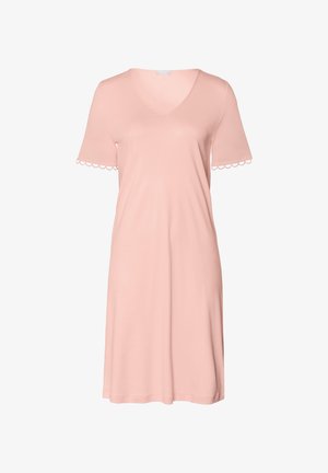 Lichtroze, jurk met korte mouwen, een V-hals en een gegolfde zoom aan de mouwen; gemaakt van zacht materiaal, met een losse pasvorm.