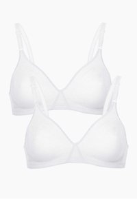 Reggiseni wireless bianchi con spalline regolabili, coppe triangolari e texture liscia. Design in due pezzi che mette in mostra uno stile semplice e classico.