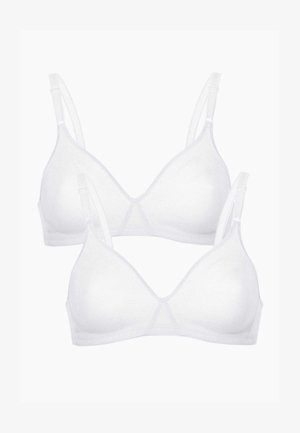 Reggiseni wireless bianchi con spalline regolabili, coppe triangolari e texture liscia. Design in due pezzi che mette in mostra uno stile semplice e classico.