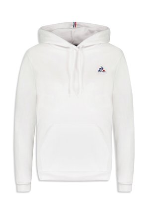 White hooded sweatshirt made of soft fabric, featuring a front kangaroo pocket and a small blue logo on the chest. Simple design accent.