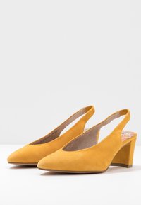 Décolleté gialle in suede con punta affusolata, tacco basso a blocco e design ritagliato. Texture morbida con una leggera lucentezza sulla superficie.