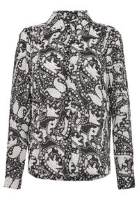 Langärmlige Bluse in Schwarz mit weißem Paisley- und Blumendruck, mit Kragen und Knopfleiste, aus leichtem Stoff gefertigt.