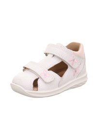 Weiße Schuhe mit einer strukturierten Lederoberfläche, ausgestattet mit zwei Klettverschlussriemen, einem ausgeschnittenen Zehenbereich und rosa Blumenakzenten. Leichte Sohle.