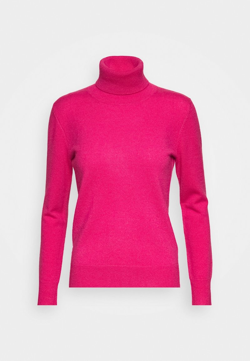 Pull à col roulé rose en maille douce. Il présente des manches longues, une silhouette ajustée et un col et un ourlet côtelés.