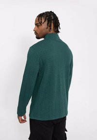 Pull en tricot vert avec un col montant, présentant un motif texturé et des manches longues, affiché de dos.