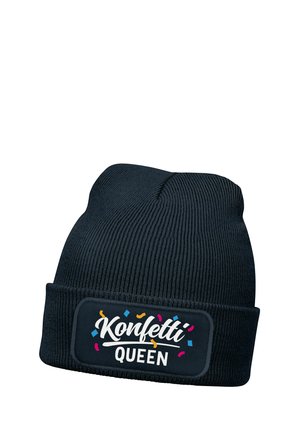 Black knitted beanie with folded cuff featuring a patch that reads "Konfetti Queen" surrounded by colorful confetti shapes.