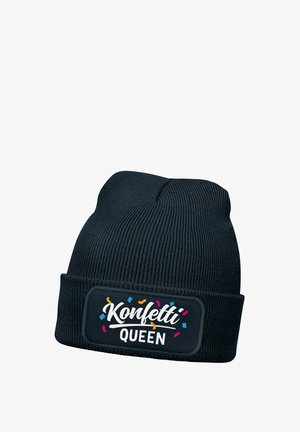 Black knitted beanie with folded cuff featuring a patch that reads "Konfetti Queen" surrounded by colorful confetti shapes.
