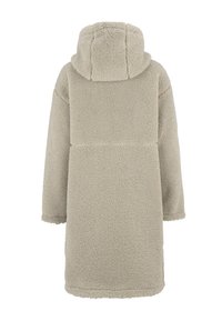 Beige fleece jas, met capuchon, gestructureerd oppervlak, middellange lengte, brede mouwen en een horizontale naaddetail over de rug.