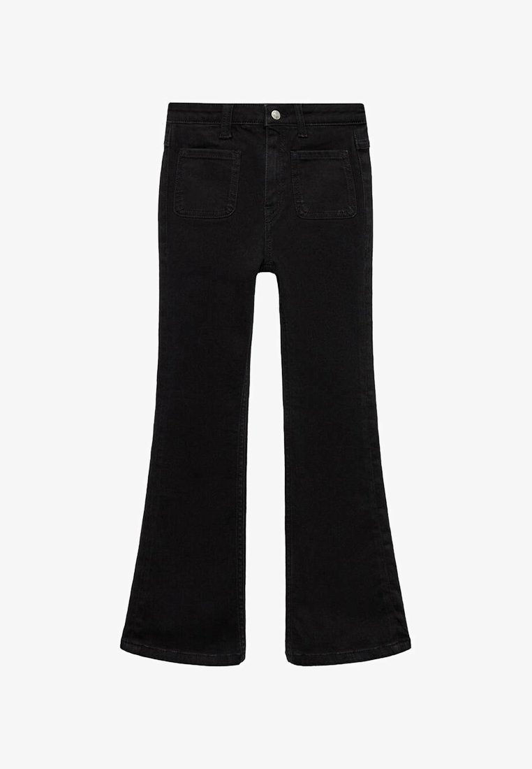 Svarta utsvängda jeans i denim med knäppning, femficksdesign och subtilt sydda detaljer längs sömmarna.