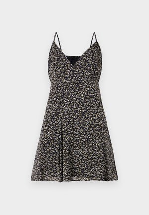 Abito a fiori di colore blu navy con spalline sottili regolabili, scollatura a V e silhouette svasata. Il tessuto sembra leggero e morbido.