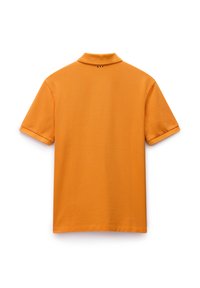 T-Shirt mit kurzen Ärmeln aus leuchtend orangefarbenem Baumwollstoff. Mit klassischem Kragen und umgeschlagenen Bündchen. Keine sichtbaren Muster oder Hardware-Details.