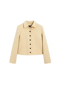 Beige wool jacket with a collared neckline, nine black buttons down the front, long sleeves, and side pockets.