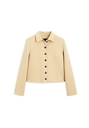 Veste en laine beige avec un col, neuf boutons noirs sur le devant, des manches longues et des poches latérales.