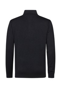 Schwarzer Pullover mit hohem Kragen, langen Ärmeln sowie gerippten Bündchen und Saum. Glatte Textur, minimales Design ohne auffällige Muster.