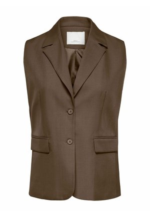 Blazer marron sans manches avec revers crantés, deux poches avant à rabat et deux boutons sur le devant, doublure intérieure visible.