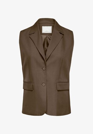 Mouwloze bruine blazer met inkepingrevers, twee voorzakken met klep en twee knopen aan de voorkant, gevoerde binnenkant zichtbaar.