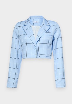 Kurz geschnittene Blazer aus hellblauem Stoff mit einem Gittermuster in Schwarz, mit einer einreihigen Knopfleiste und spitzen Revers. Lange Ärmel.