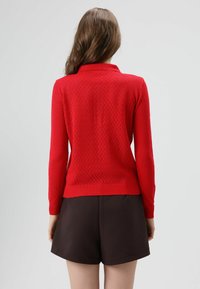 Rode gebreide trui met een diamantpatroon, lange mouwen en een kraag. Gecombineerd met bruine korte broek. De textuur lijkt zacht en flexibel.