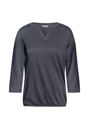 Maglietta a strisce navy e crema a maniche lunghe con scollatura a V e vestibilità ampia. Realizzata in un morbido tessuto, presenta un design comodo e rilassato.