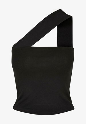 Czarny, bezrękawnik z pojedynczym szerokim ramiączkiem, posiadający dopasowany krój i gładki, elastyczny materiał.
