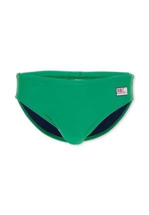 Zielone kąpielówki z małą prostokątną naszywką logo na prawym boku, z czerwono-białym wzorem w kratę i napisem.