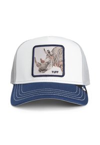 Bijela i tamnoplava trucker kapa s pravokutnom izvezenom oznakom nosoroga. Kapa ima čvrsti tamnoplavi vizir i mrežastu pozadinu.