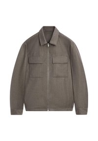 Giacca grigia in misto lana con chiusura a zip, colletto a punta e due tasche applicate frontali, caratterizzata da una texture liscia e una vestibilità dritta.