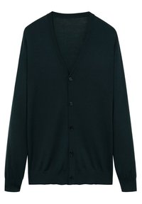 Cardigan noir à manches longues avec col en V et cinq boutons sur le devant, fabriqué en tissu léger avec poignets et ourlet côtelés.