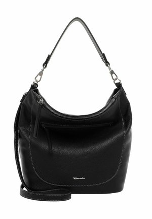 Black leather shoulder bag with a textured finish, curved shape, top zipper closure, front pocket, and contrasting white stitching details.