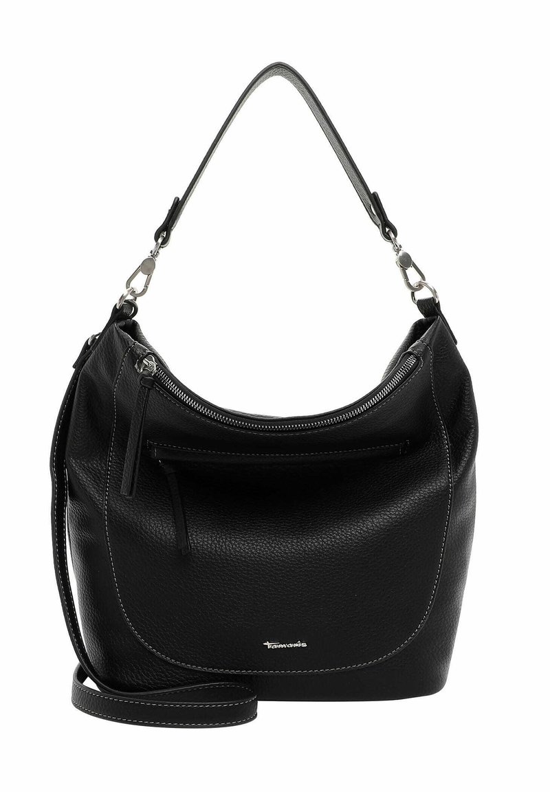 Black leather shoulder bag with a textured finish, curved shape, top zipper closure, front pocket, and contrasting white stitching details.