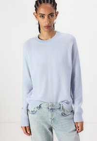 Light blue knit sweater with a crew neck and long sleeves, featuring ribbed cuffs and hem. Worn with faded denim jeans.