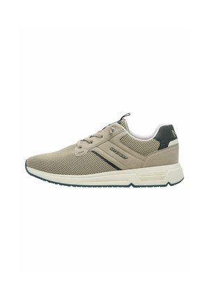 Beige mesh sneaker met verstevigde neus, zwarte accenten en witte tussenzool. Voorzien van veters en een geribbelde rubberen buitenzool voor grip.