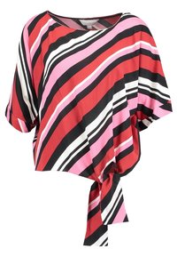 Crop top rosso e rosa con strisce diagonali nero e bianco, caratterizzato da un design morbido e un nodo annodato all'orlo. Tessuto dalla consistenza liscia.