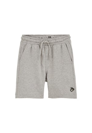 Lysegrå bomuldsshorts med elastisk linning, snøre, sidelommer og lille sort-hvidt fuglelogo på venstre ben.