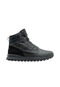 Zwarte waterdichte enkelboot gemaakt van leer en stof, met een rubberen zool, metalen oogjes en een gestructureerde kraag voor extra comfort.
