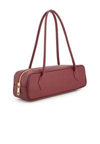 Burgundy leather handbag with a rectangular shape, gold zipper, and two long handles. Features diamond-shaped accents and smooth texture.
