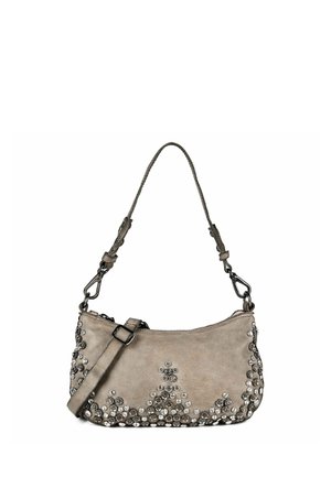 Kleine taupekleurige handtas met afneembare schouderriem en decoratieve zilveren studs in bloemmotieven langs de onderkant en zijkanten.