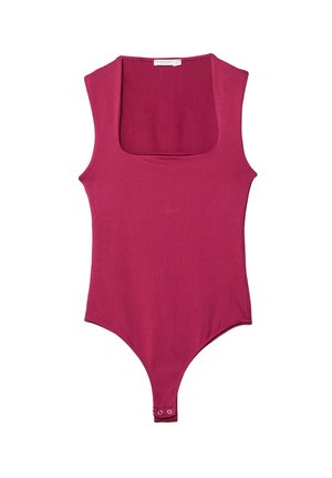 Fitted bodysuit in deep magenta, featuring a square neckline, broad straps, and snap closure at the bottom. Smooth, stretchy fabric.