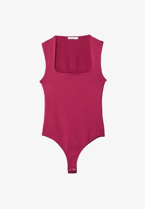 Obepínající body v tmavě magentové barvě s čtvercovým výstřihem, širokými ramínky a patentkami na spodní části. Hladká, elastická tkanina.