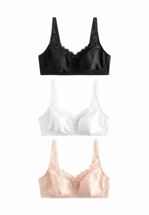 Drei BHs: schwarz mit Spitzeneinsatz, weiß mit Spitzenakzenten und nude mit gewelltem Rand. Alle haben verstellbare Träger und ein strukturiertes Design.