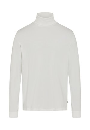 Weißes Langarm-Turtleneck-Shirt mit Slim-Fit und einem kleinen Stoffetikett an der linken Seitennaht.